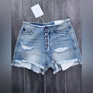 KanCan Women’s Blue Jean Shorts Button Fly Distressed High‎ Rise Raw Hem XS